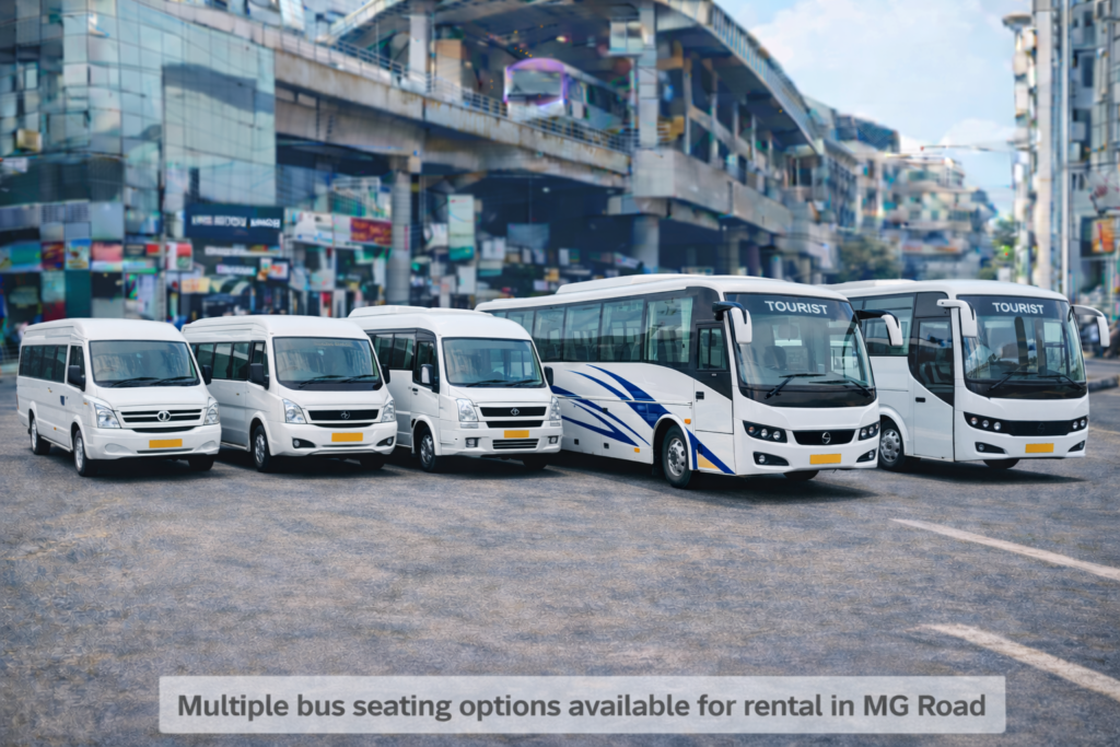 Multiple bus seating options available for rental in MG Road
